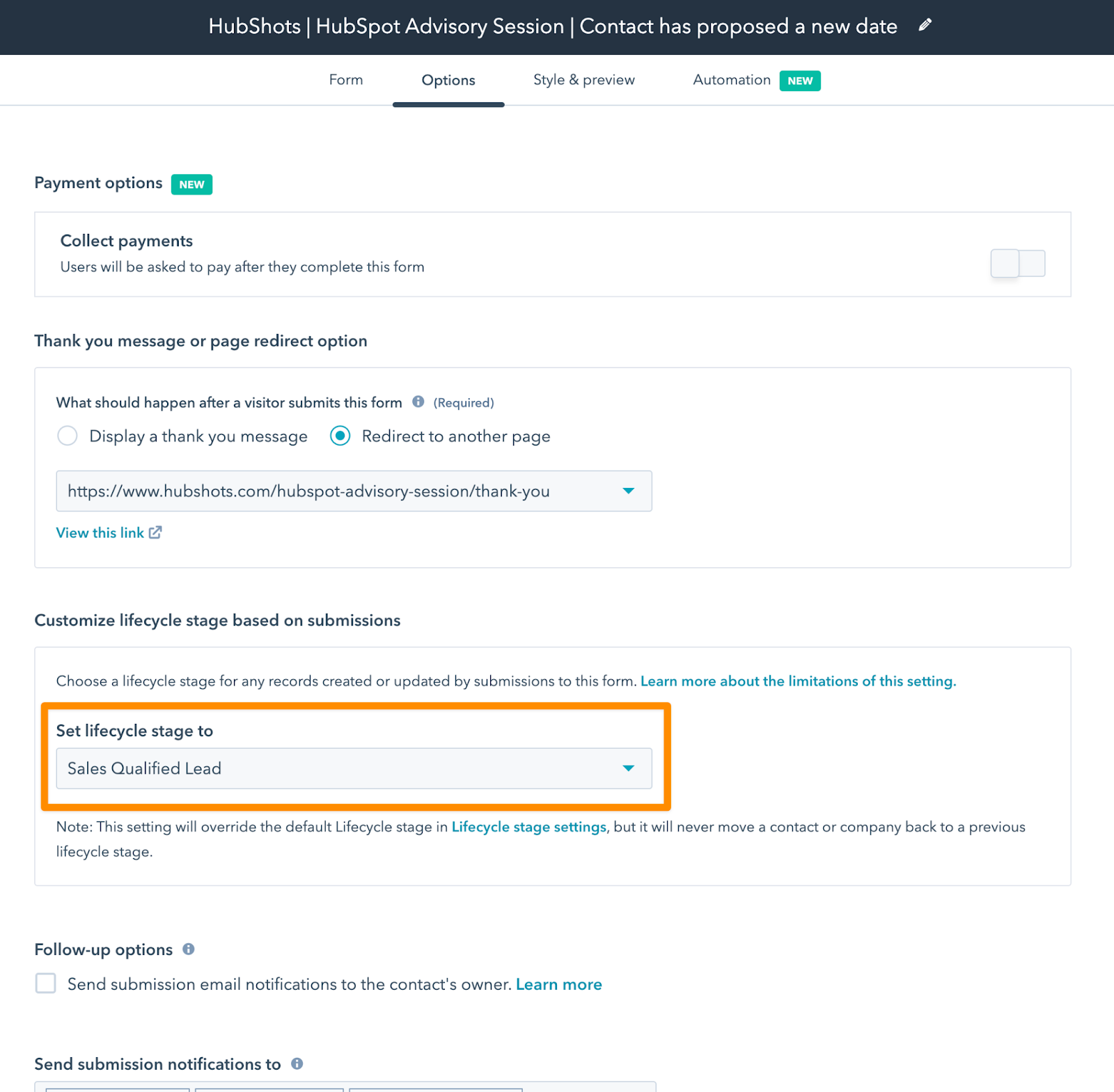 setting lifecycle stage on forms