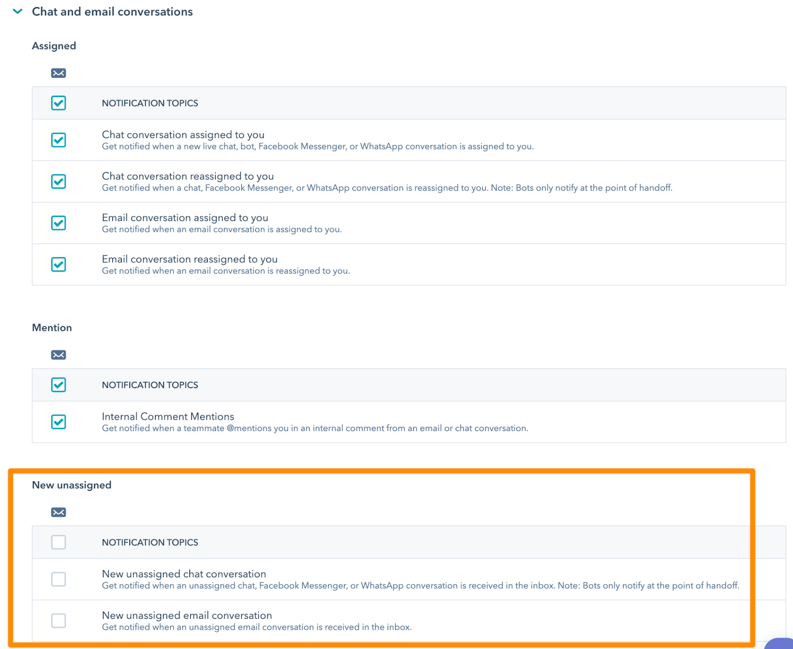 Chat and email conversations settings