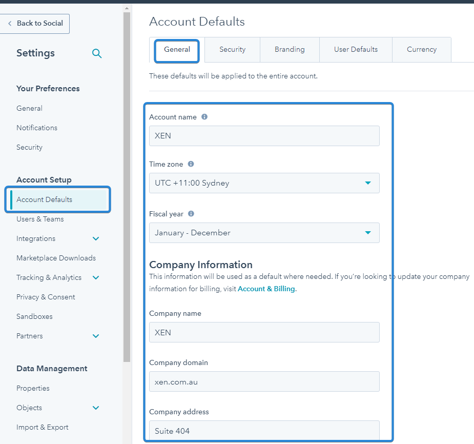 HubSpot Account Defaults Settings