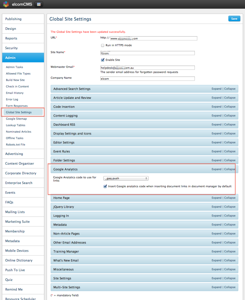 elcomCMS Global Setting for Google Analytics