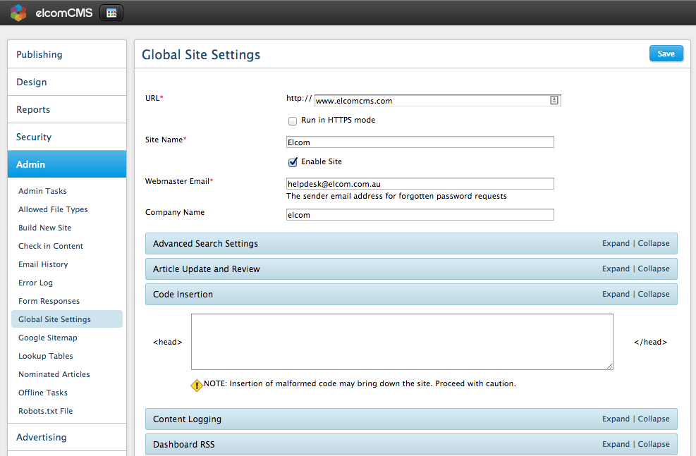 elcomCMS Code Insertion