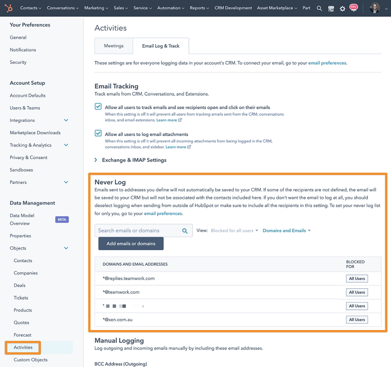 Activities Settings for Never Log