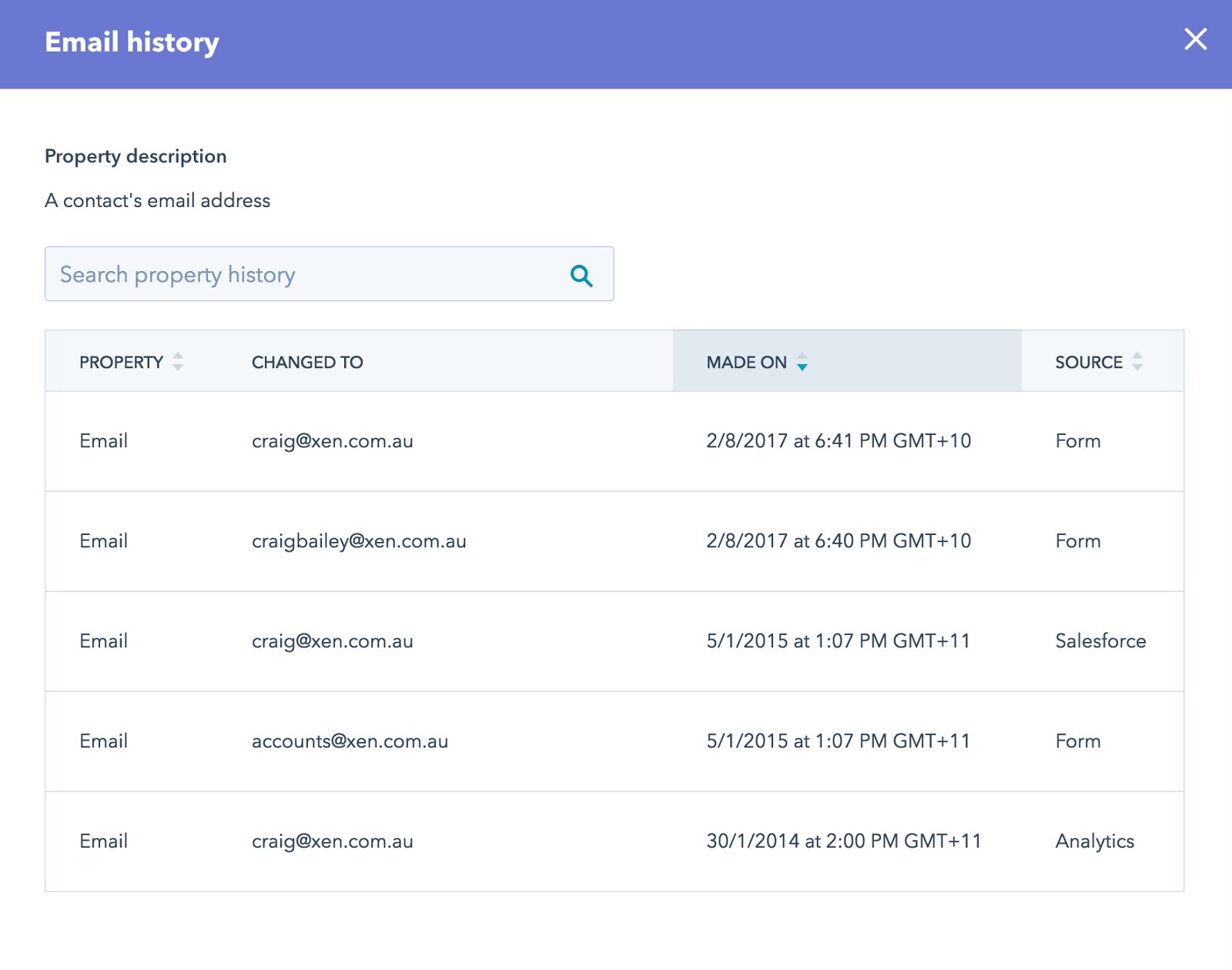 hubspot contact field email history