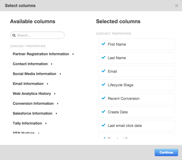 HubSpot Contacts Listing Columns