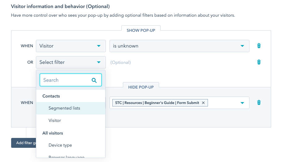 hubspot popup forms targeting 1