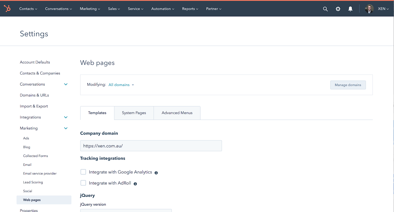 hubspot web settings