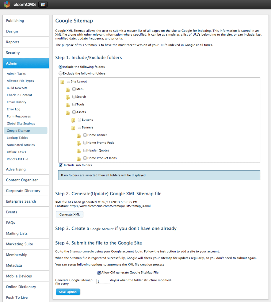 elcomCMS XML Sitemaps settings